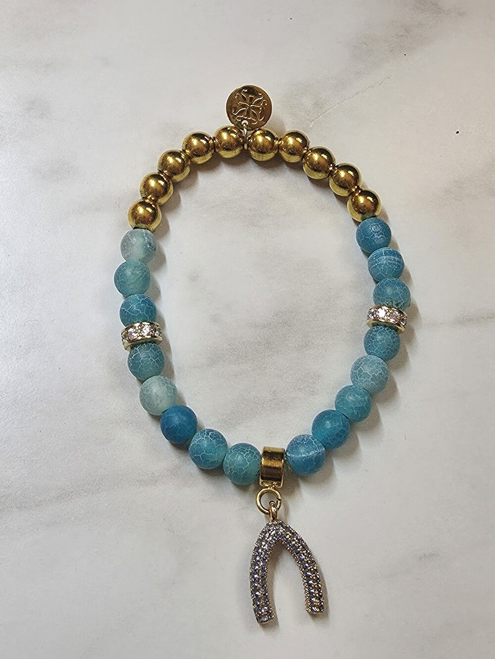 Gold & Aqua Beaded Bracelet with Pave Wishbone Charm